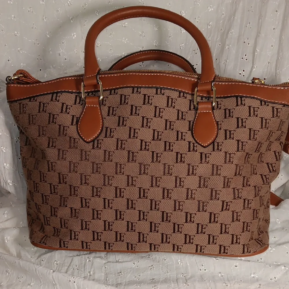 Brown Patterned Tote Bag with Tan Trim